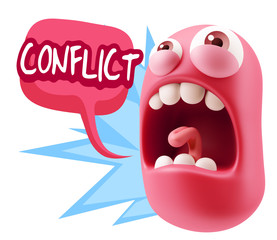 3d Rendering Angry Character Emoji saying Conflict with Colorful