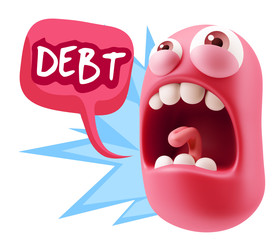 3d Rendering Angry Character Emoji saying Debt with Colorful Spe