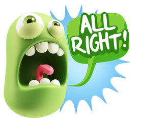 3d Rendering Angry Character Emoji saying All Right with Colorfu