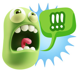3d Rendering Angry Character Emoji saying !!! with Colorful Spee