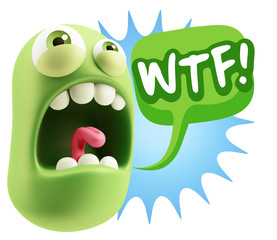 3d Rendering Angry Character Emoji saying WTF with Colorful Spee