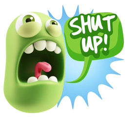 3d Rendering Angry Character Emoji saying Shut Up with Colorful