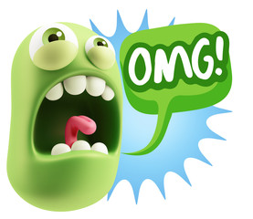 3d Rendering Angry Character Emoji saying OMG with Colorful Spee