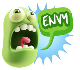 3d Rendering Angry Character Emoji saying Envy with Colorful Spe