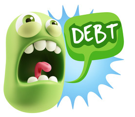 3d Rendering Angry Character Emoji saying Debt with Colorful Spe