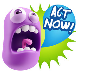 3d Rendering Angry Character Emoji saying Act Now with Colorful