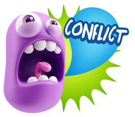 3d Rendering Angry Character Emoji saying Conflict with Colorful