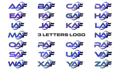 3 letters modern generic swoosh logo AAF, BAF, CAF, DAF, EAF, FAF, GAF, HAF, IAF, JAF, KAF, LAF, MAF, NAF, OAF, PAF, QAF, RAF, SAF, TAF, UAF, VAF, WAF, XAF, YAF, ZAF