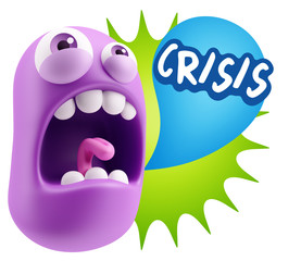 3d Rendering Angry Character Emoji saying Crisis with Colorful S