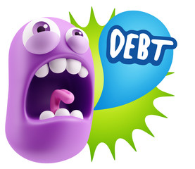 3d Rendering Angry Character Emoji saying Debt with Colorful Spe