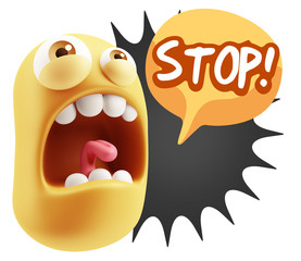 3d Rendering Angry Character Emoji saying Stop with Colorful Spe