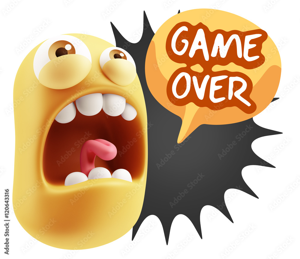 Poster 3d rendering angry character emoji saying game over with colorfu