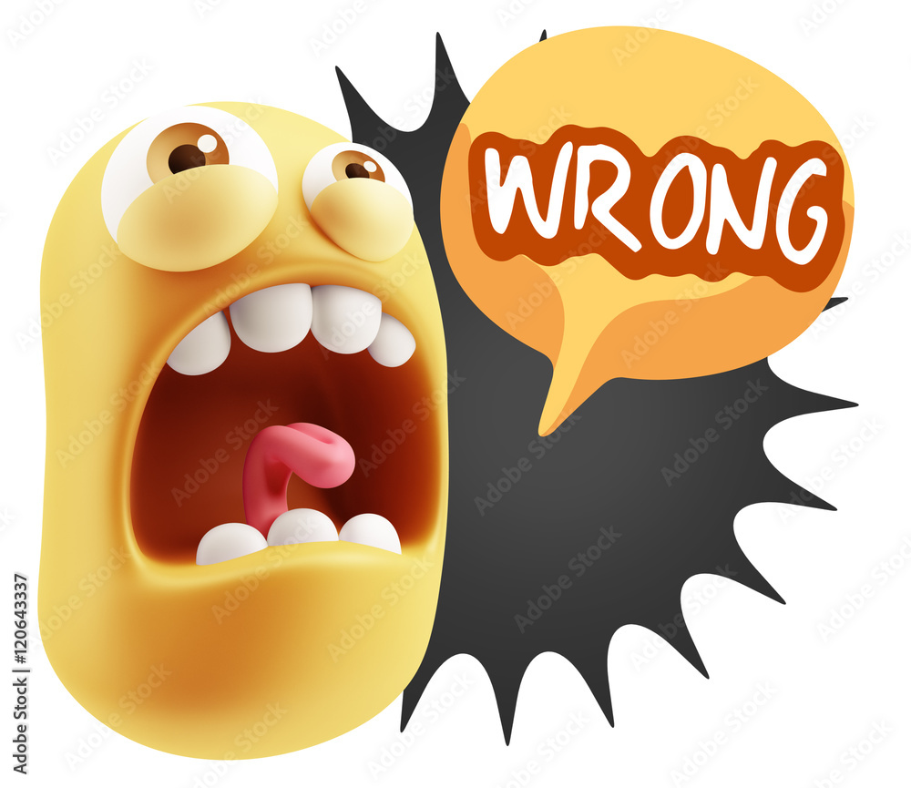 Poster 3d rendering angry character emoji saying wrong with colorful sp