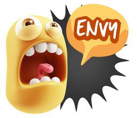 3d Rendering Angry Character Emoji saying Envy with Colorful Spe