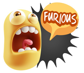 3d Rendering Angry Character Emoji saying Furious with Colorful