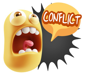 3d Rendering Angry Character Emoji saying Conflict with Colorful
