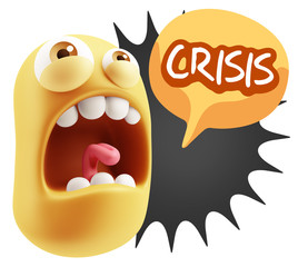 3d Rendering Angry Character Emoji saying Crisis with Colorful S
