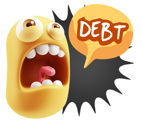 3d Rendering Angry Character Emoji saying Debt with Colorful Spe