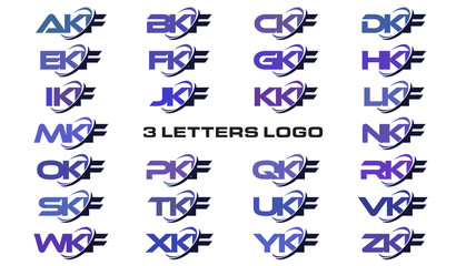 3 letters modern generic swoosh logo AKF, BKF, CKF, DKF, EKF, FKF, GKF, HKF, IKF, JKF, KKF, LKF, MKF, NKF, OKF, PKF, QKF, RKF, SKF, TKF, UKF, VKF, WKF, XKF, YKF, ZKF - obrazy, fototapety, plakaty