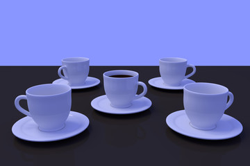 3D-Rendering von weißen Kaffeetassen mit Untertasse auf einer dunklen, spiegelnden Fläche mit hellblauem Hintergrund
