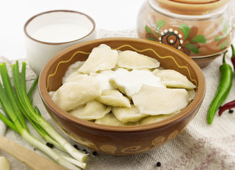 Dumplings with sour cream in ceramic bowl. 