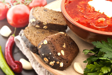 National ukrainian and russian soup borsch with sour cream 