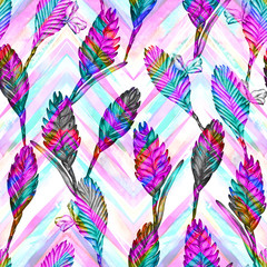 Seamless floral tropical pattern. Hand painted watercolor exotic bromelia flowers on chevron ornament background. Vivid spectral tones. Textile design.
