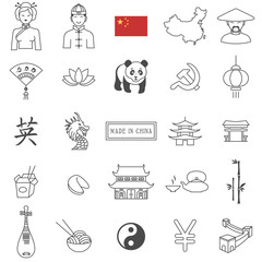 China travel line icons and culture symbols. Vector set