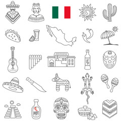 Mexico travel line icons and culture symbols. Vector set