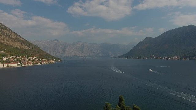 Aerial view Regatta of Sailing boats in the Boka bay, Montenegro, Adriatic, Mediterranean in 4k ultraHD