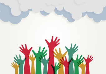 Diversity people group raising hands, colorful diverse teamwork collaboration
