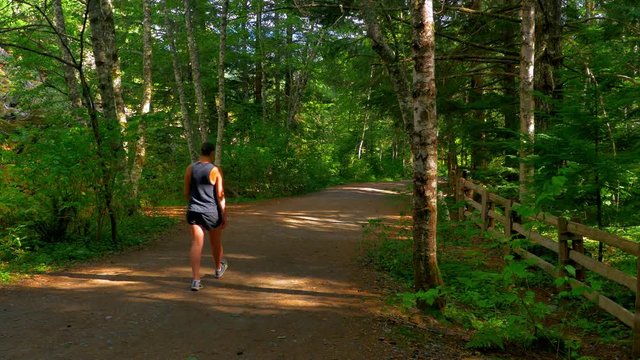4K Springtime Path, Woman Walking on Country Road, Green Forest