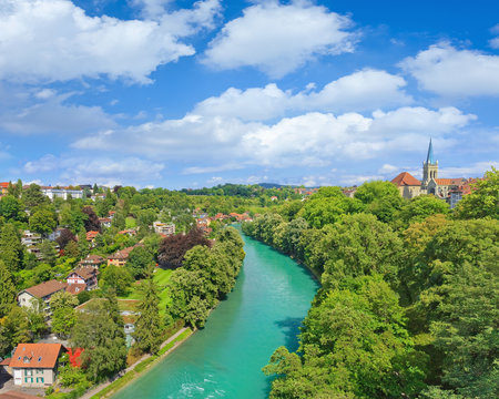 High angle view on the lush green environment of Bern, capital of Switzerland.