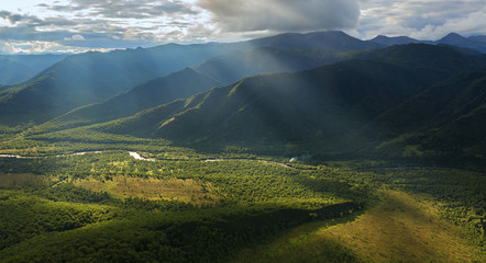 Fototapeta na wymiar Evening rays on Kronotsky Nature Reserve in Kamchatka Peninsula.