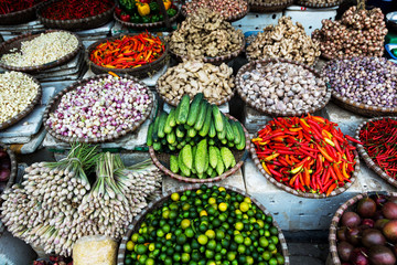 Fruits and vegetables for sale at a street market in Hanoi, Vietnam