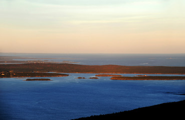 islands under morning sunlight in Atlantic Ocean in Acadia National Park