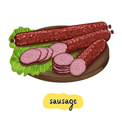 Sausages on wooden cutting board isolated on white background vector illustration