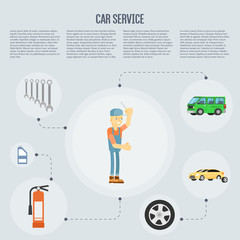 Infographics of scene presents workers in car service tire service and car repair vector illustration