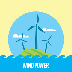 Wind power vector illustration. Wind turbines in green field on background of blue sky. Ecological types of electricity. Natural landscape. Eco generation. Renewable resources concept.