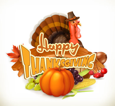 Happy Thanksgiving invitation. Greeting card. 3d vector logo