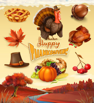 Autumn. Happy Thanksgiving cartoon character and objects. 3d vector icon set