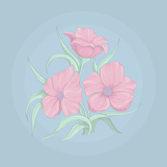 Vector illustration in pastel colors with three pink flowers.