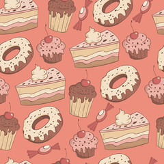 Seamless vector pattern with muffins, sweets, donuts and cakes.