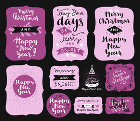 Merry Christmas and Happy New Year set of gift tags, labels, postcard templates, stickers, badges, logos