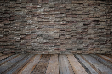 empty room interior with brick stone tiles wall and wood floor background