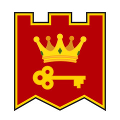 Golden crown and key on coat of arms. Made in cartoon style.