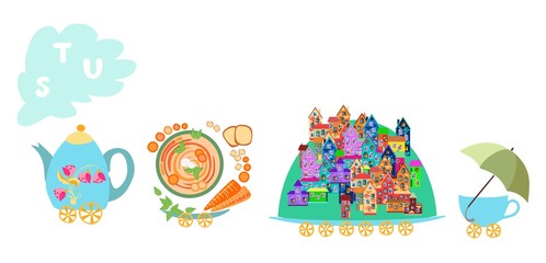 Cute cartoon english alphabet with colorful image. Teapot and cups train. Kids vector ABC. Letter S, T, U. Soup, town, umbrella.