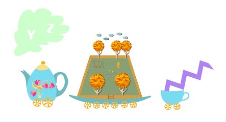 Cute cartoon english alphabet with colorful image. Teapot and cups train. Kids vector ABC. Letter Y,  Z.  Yard, zigzag.