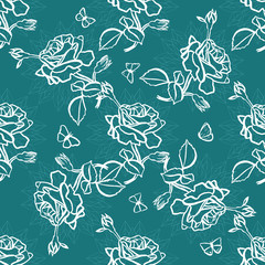 Vector seamless background pattern with roses, leaves and butterflies