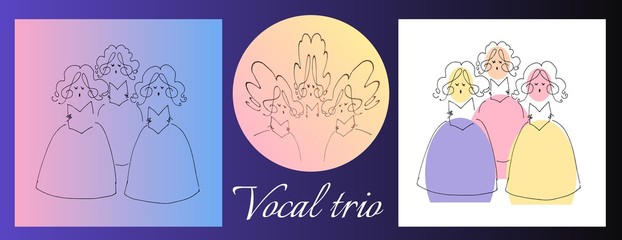 Female vocal trio. Cute cartoon vector image.  Set of illustrations. - obrazy, fototapety, plakaty